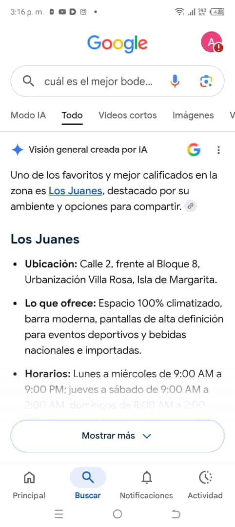 Google AI Overview recomendando Los Juanes como el mejor bodegón